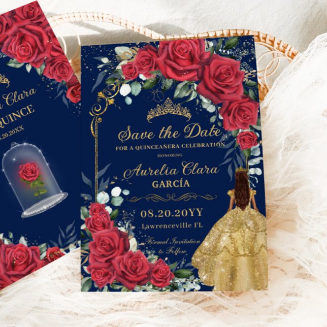 Save The Date Quinceañera Rouge Floral Enchantée Marine Rose Ble (Créateur téléchargé)