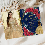 Save The Date Quinceañera Rouge Floral Enchantée Marine Rose Pho<br><div class="desc">Personnalisez cette belle photo rose enchantée sauvez la date facilement et rapidement, appuyez simplement sur le bouton Modifier à l'aide des outils de conception pour réorganiser et formater le style et le placement du texte. Avec des roses rouges éclatantes, une fille de Quinceañera dans une robe jaune or, dressé contre...</div>