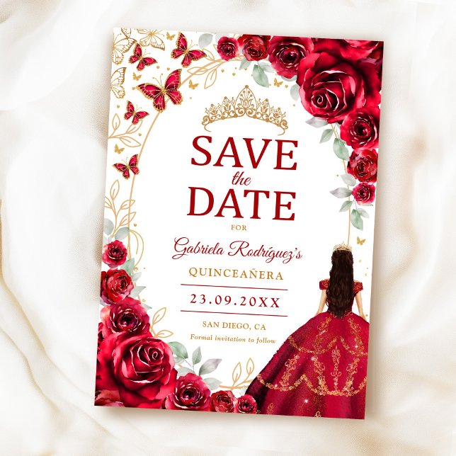 Save The Date Quinceanera Rouge Or Floral (Créateur téléchargé)