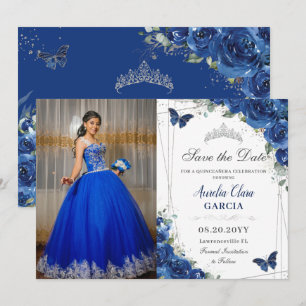 Save The Date Quinceañera Royal Blue Floral Papillons Anniversai