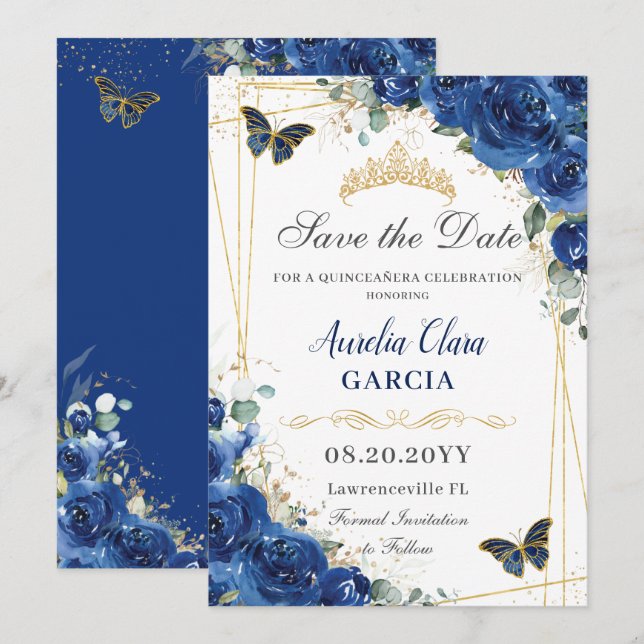Save The Date Quinceañera Royal Blue Floral Papillons Anniversai (Devant / Derrière)