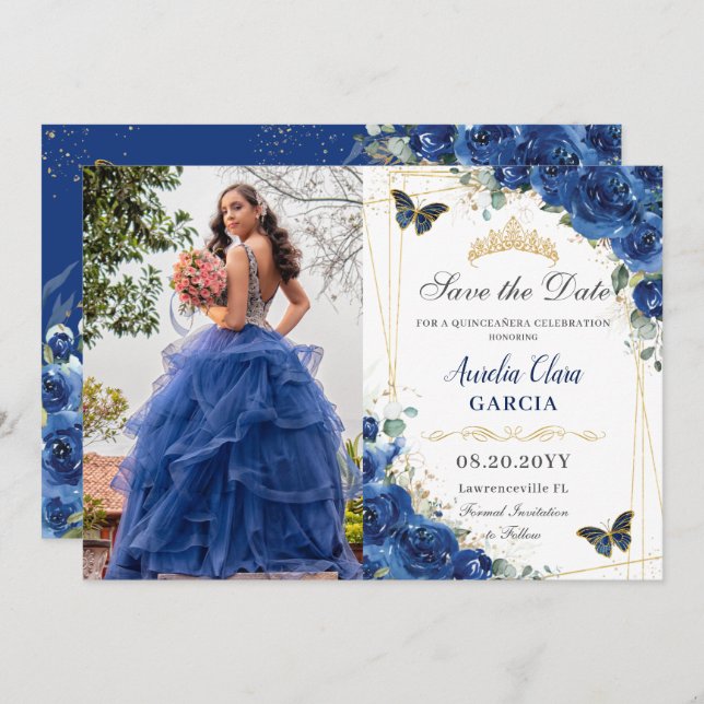 Save The Date Quinceañera Royal Blue Floral Papillons Anniversai (Devant / Derrière)
