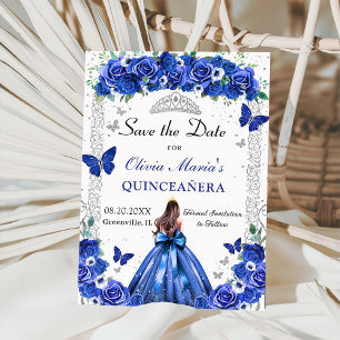 Save The Date Quinceañera Royal Blue Floral Princess Papillons