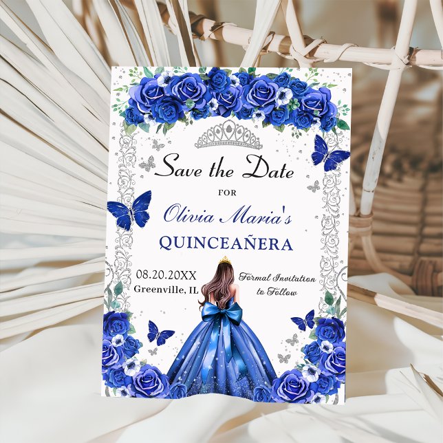 Save The Date Quinceañera Royal Blue Floral Princess Papillons (Créateur téléchargé)