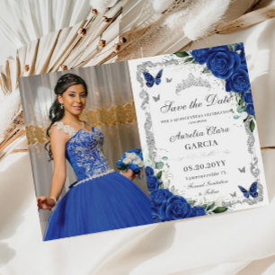 Save The Date Quinceañera Royal Blue Floral Vintage Silver Photo