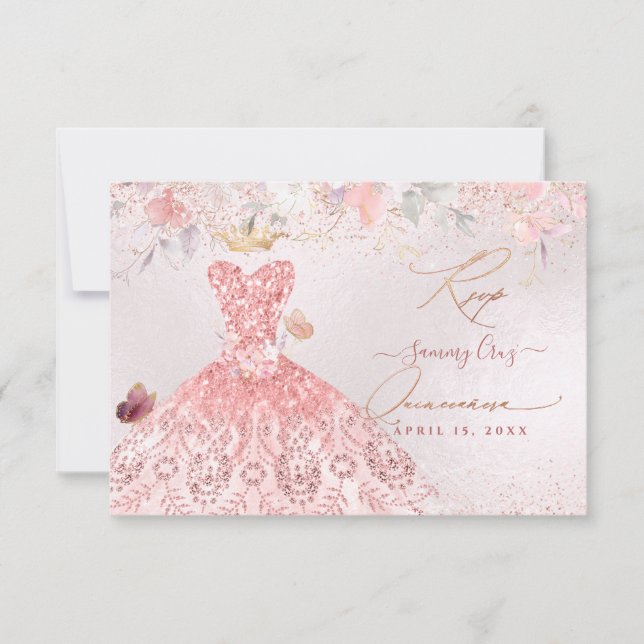 Save The Date Quinceanera RSVP Robe rose pâle (Devant)