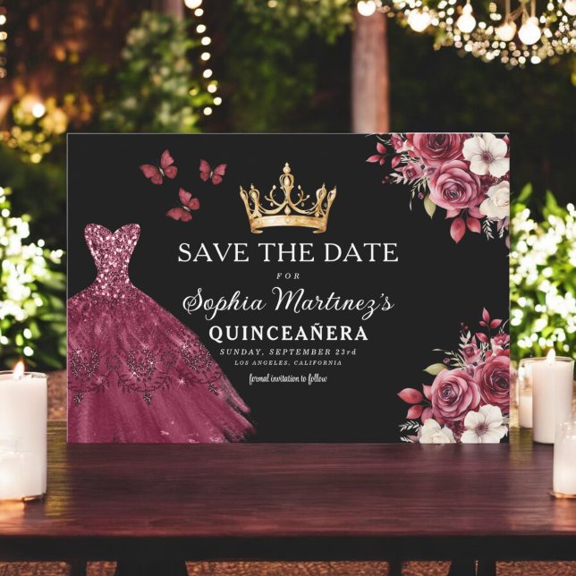 Save The Date Quinceanera Sauvez la date Floral Bourgogne (Créateur téléchargé)