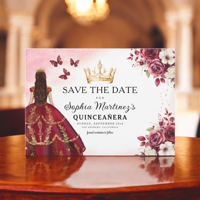 Save The Date Quinceanera Sauvez la date Floral Bourgogne (Créateur téléchargé)