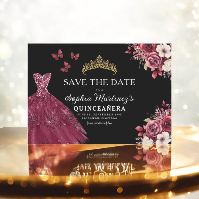 Save The Date Quinceanera Sauvez la date Floral Bourgogne (Créateur téléchargé)