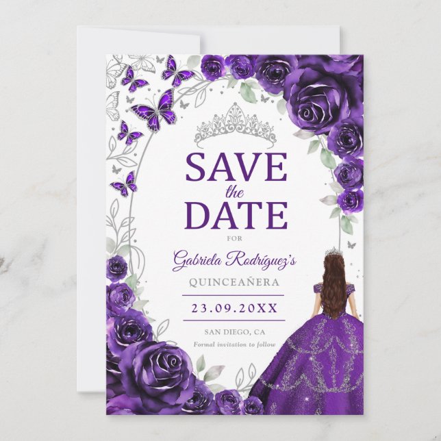 Save The Date Quinceanera Violet Argent Floral (Devant)