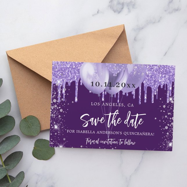 Save The Date Quinceanera violette violette brune ballons (Créateur téléchargé)