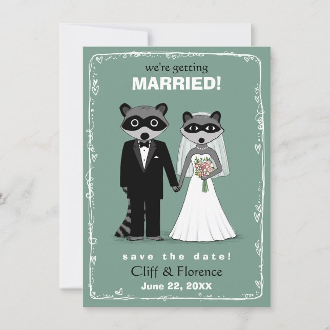 Save The Date Raccoons Mariage Enregistrer la date Turquoise (Devant)