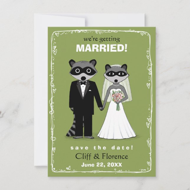 Save The Date Raccoons Mariage Enregistrer la date Vert (Devant)
