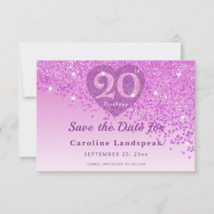 Save The Date Radiant 20e Anniversaire Cœur givré Paillettes Ros