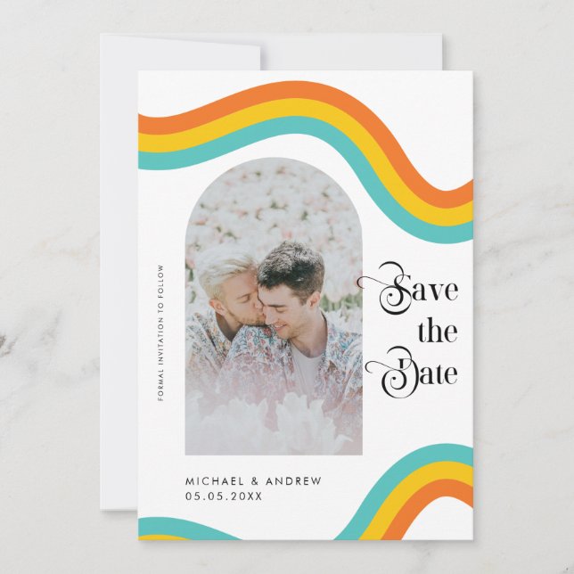 Save The Date Rainbow LGBTQ Gay Couple Mariage photo couleur (Devant)