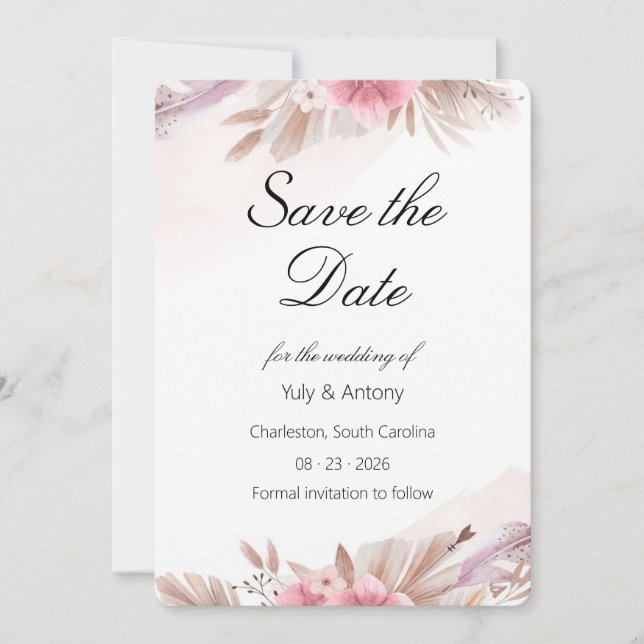 Save The Date Rappel de mariage au champagne rose romantique (Devant)