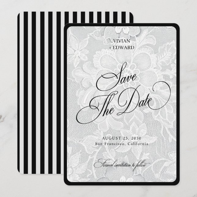 Save The Date Rays de dentelle blanche bordure élégante mariage  (Devant / Derrière)