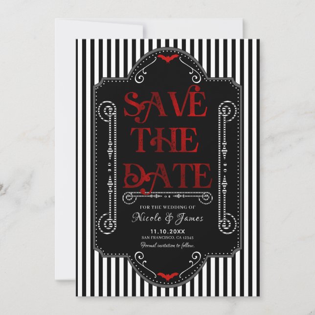 Save The Date Rayures noires et blanches Rouge Gothique Chauve-s (Devant)