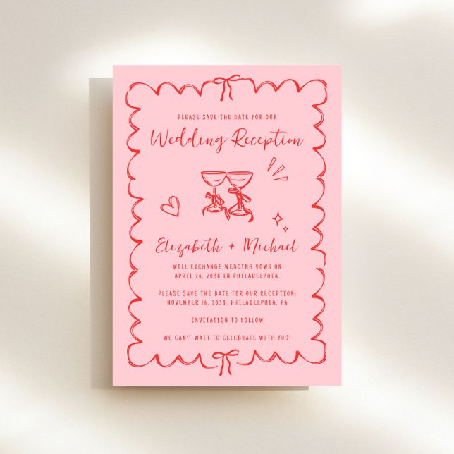 Save The Date Réception de mariage photo avec cadre ondulé capri (Fun wedding reception save the date featuring whimsical hand drawn wine glasses with hearts + bows)