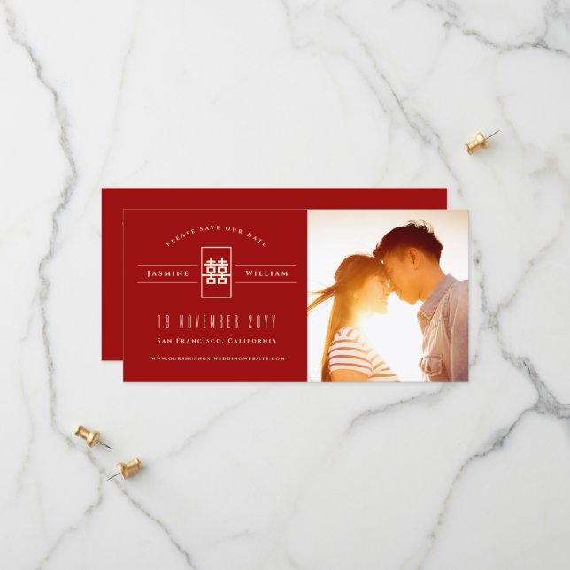 Save The Date Rectangle Double Bonheur Mariage chinois photo (Devant/Arrière en situation)