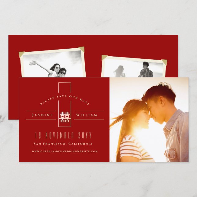 Save The Date Rectangle Double Happiness Mariage Chinois Photo (Devant / Derrière)
