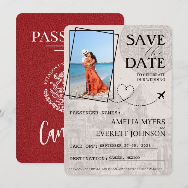 Save The Date Red Cancun Passport Enregistrer La Date (Devant / Derrière)