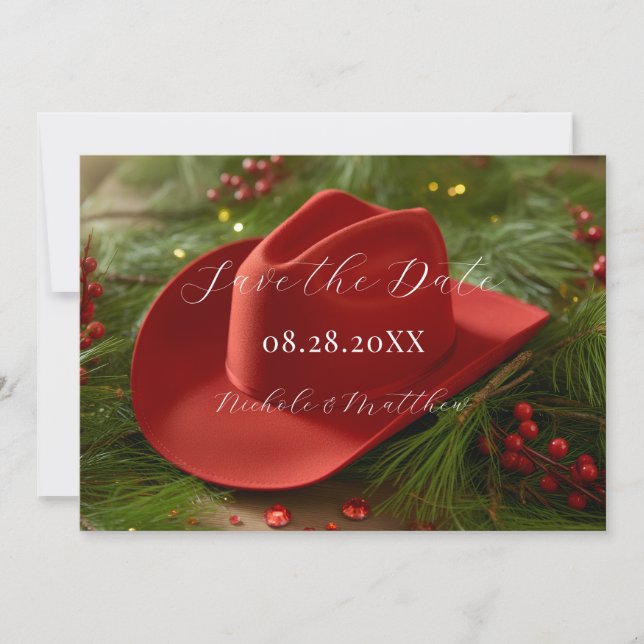 Save The Date Red Christmas Cowboy Hat Wedding (Devant)