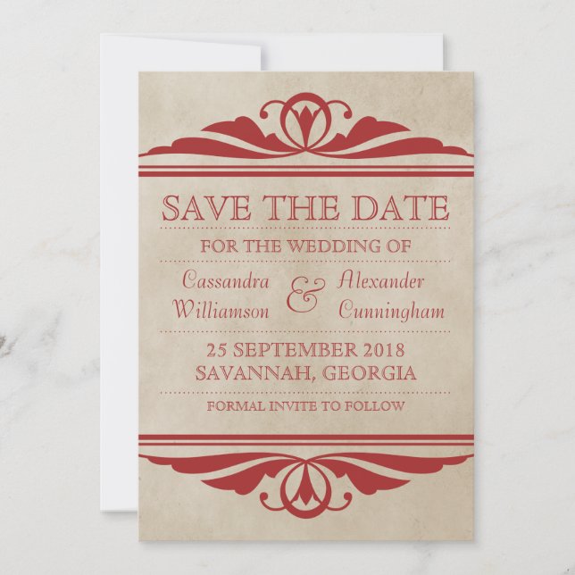 Save The Date Red Elegant Deco Enregistrer l'Invitation de date (Devant)