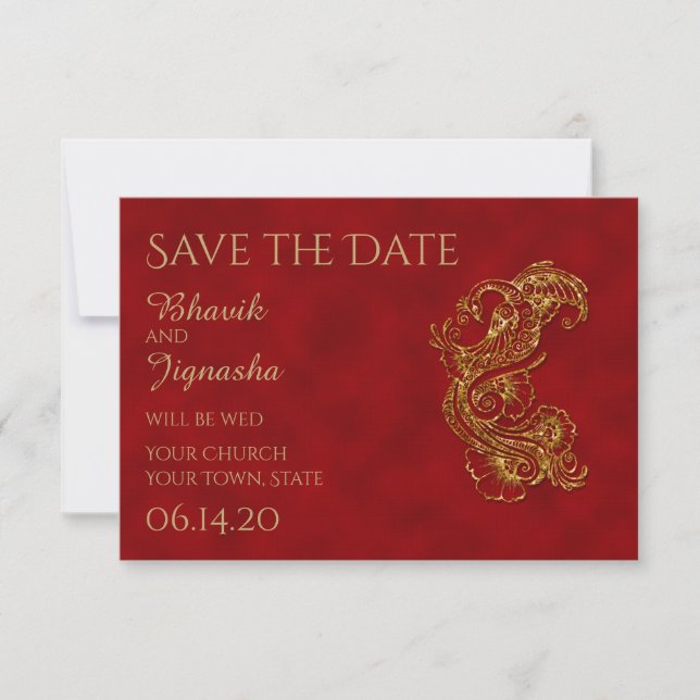 Save The Date Red et Gold Peacock mariage indien Enregistrer la  (Devant)