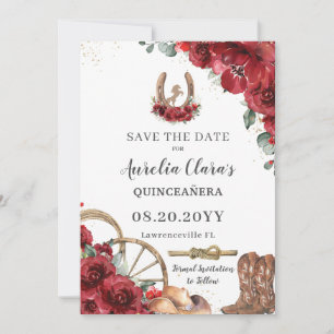 Save The Date Red Floral Wild West Horse Charro Quinceañera