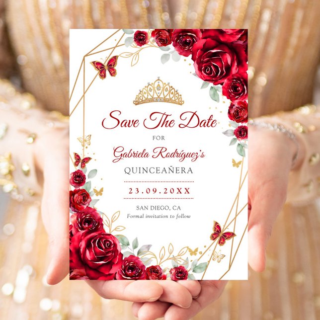 Save The Date Red Gold Floral Quinceanera (Créateur téléchargé)