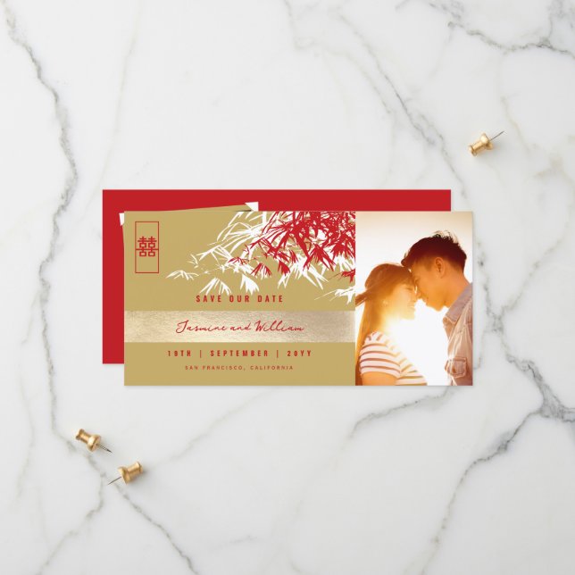 Save The Date Red Gold Zen Bamboo Feuille Photo Mariage chinois (Devant/Arrière en situation)