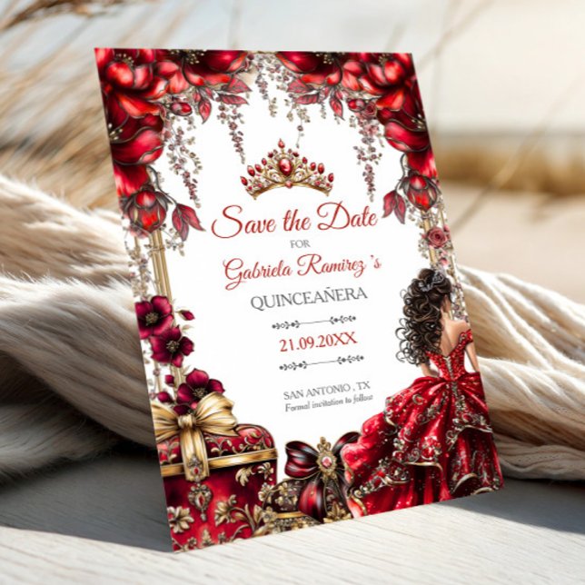 Save The Date Red Golden Tiara Floral Quinceañera (Créateur téléchargé)
