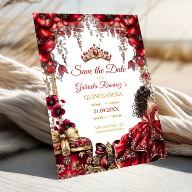 Save The Date Red Golden Tiara Floral Quinceañera (Créateur téléchargé)