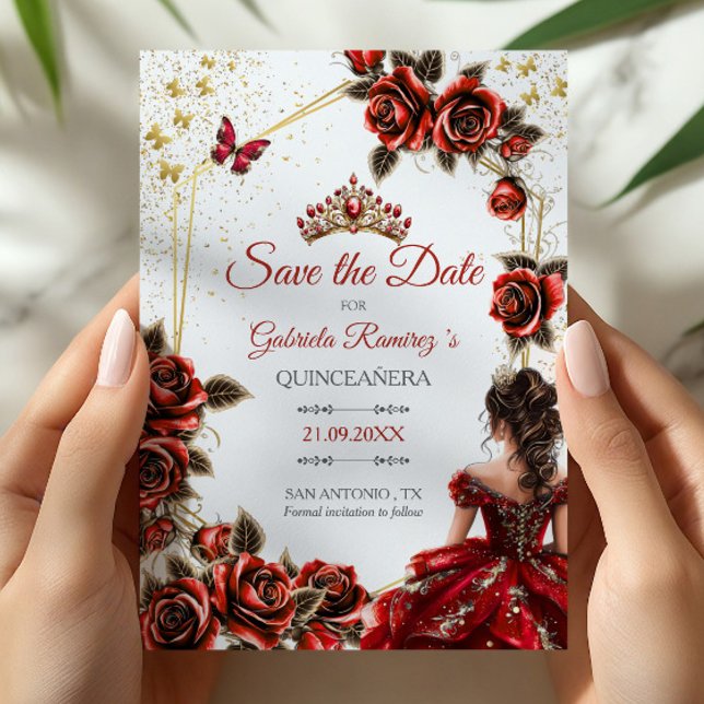 Save The Date Red Golden Tiara Roses Butterfly Quinceañera (Créateur téléchargé)