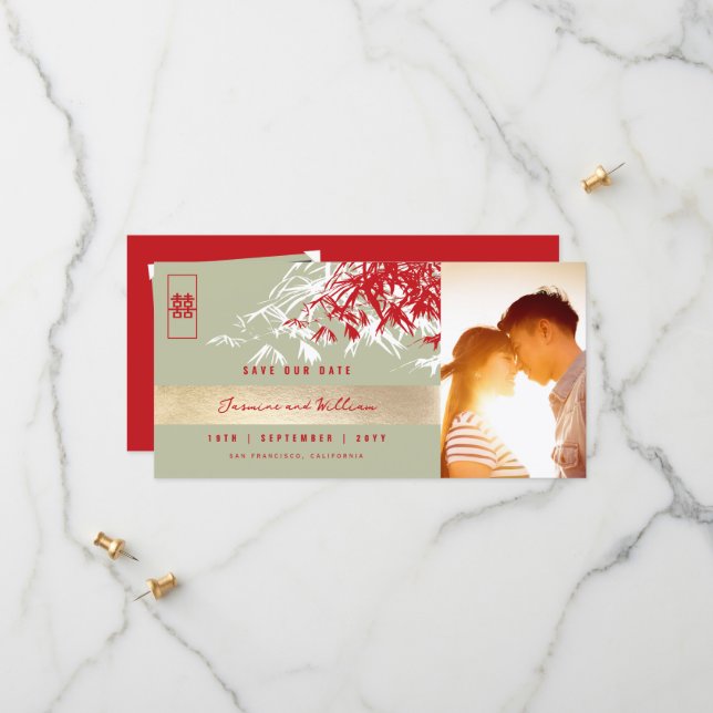 Save The Date Red Grey Zen Bamboo Feuille Photo Mariage chinois (Devant/Arrière en situation)