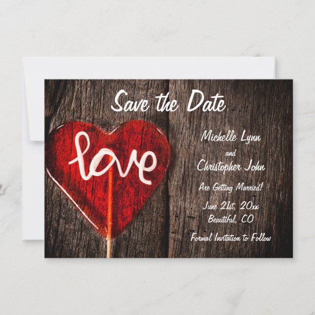 Save The Date Red Heart Love Lollipop Rustic Barn Wood Mariage (Devant)
