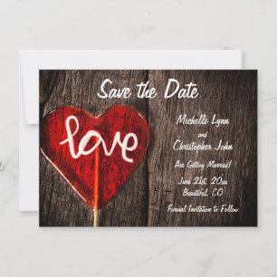 Save The Date Red Heart Love Lollipop Rustic Barn Wood Mariage