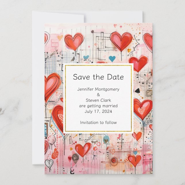 Save The Date Red Hearts Whimsical Love Motif Mariage (Devant)