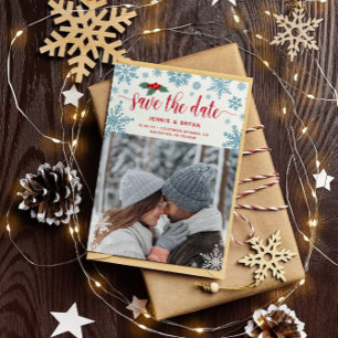 Save The Date Red Holly Blue Snowflakes Photo Noël Mariage