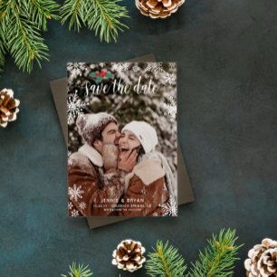 Save The Date Red Holly Snowflakes Big Photo Christmas Mariage