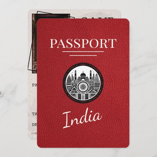 Save The Date Red India Passport Enregistrer La Date (Devant / Derrière)