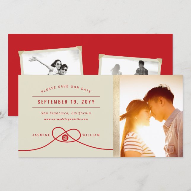 Save The Date Red Knot Double Bonheur Mariage chinois Photo (Devant / Derrière)