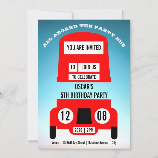 Save The Date Red London Bus Enfants Fête d'anniversaire Invitat (Devant)