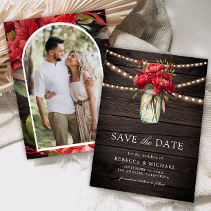 Save The Date Red Peony Floral Mason Jar Barn Wood Mariage Photo