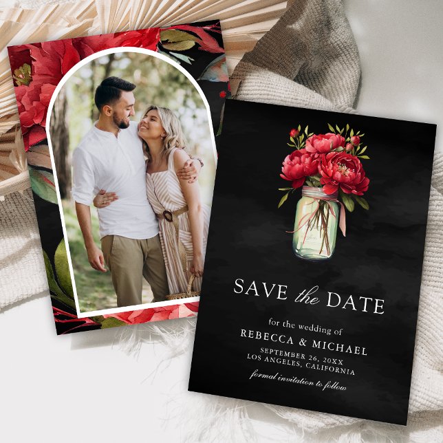 Save The Date Red Peony Floral Mason Jar Black Mariage Photo (Créateur téléchargé)