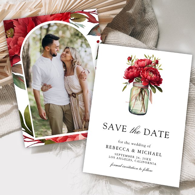 Save The Date Red Peony Floral Mason Jar Photo Mariage (Créateur téléchargé)