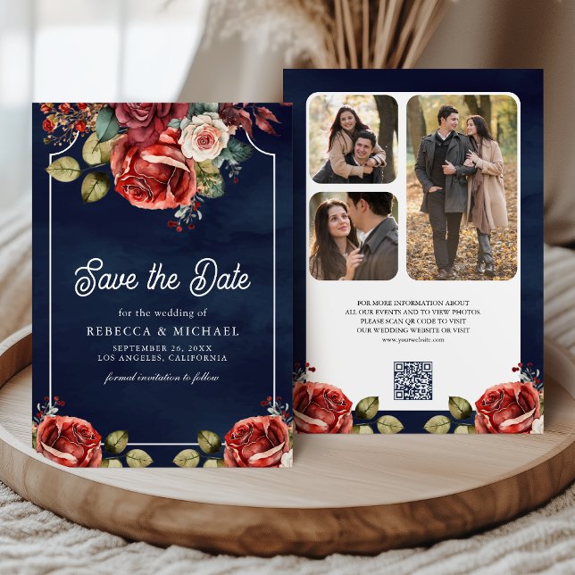 Save The Date Red Roses Floral Photo QR Code Marine Blue Mariage (Créateur téléchargé)