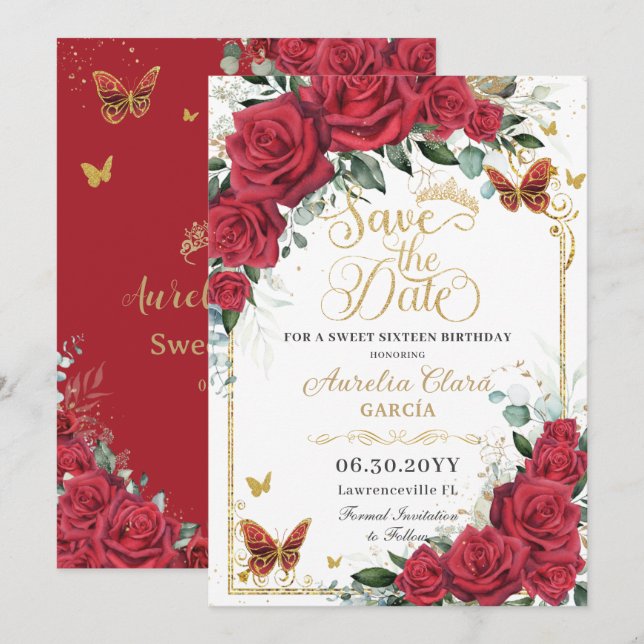 Save The Date Red Roses Gold Butterflies Quinceanera Sweet 16  (Devant / Derrière)