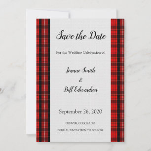 Save The Date Red Scottish Tartan Burlap motif Enregistrer la da